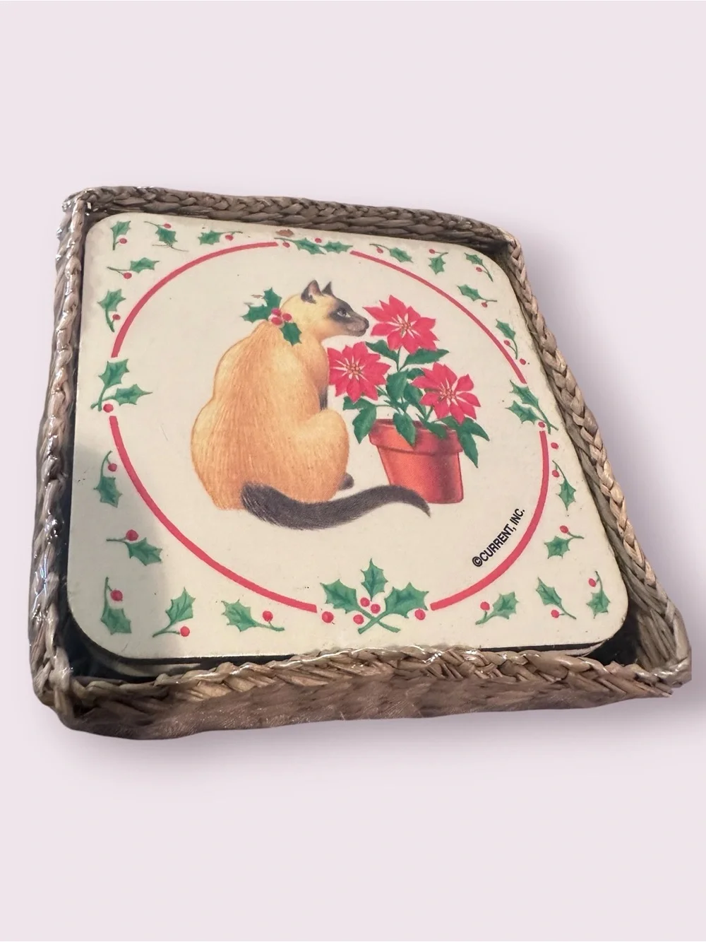 Vintage 1992 Christmas Cat Coasters Set of 6 In Wicker Holder Holiday Decor